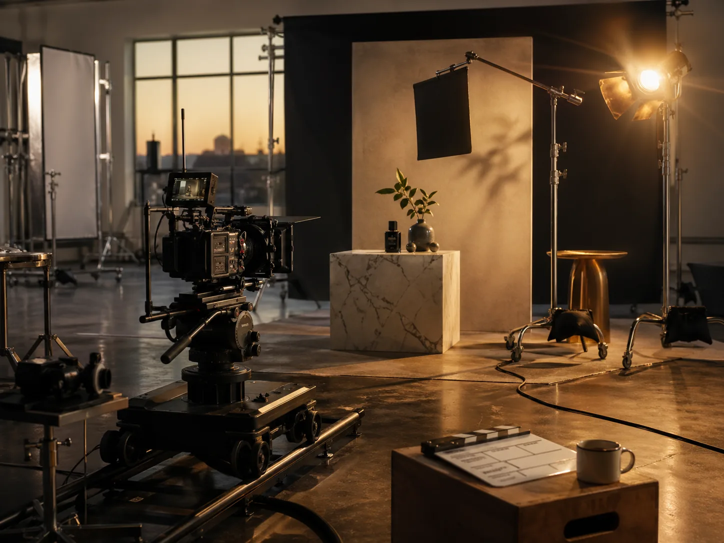 A professional brand film set with a cinema camera on a dolly track, a styled hero vignette, and a warm-lit film studio environment, prepared for production by Balladi Studios