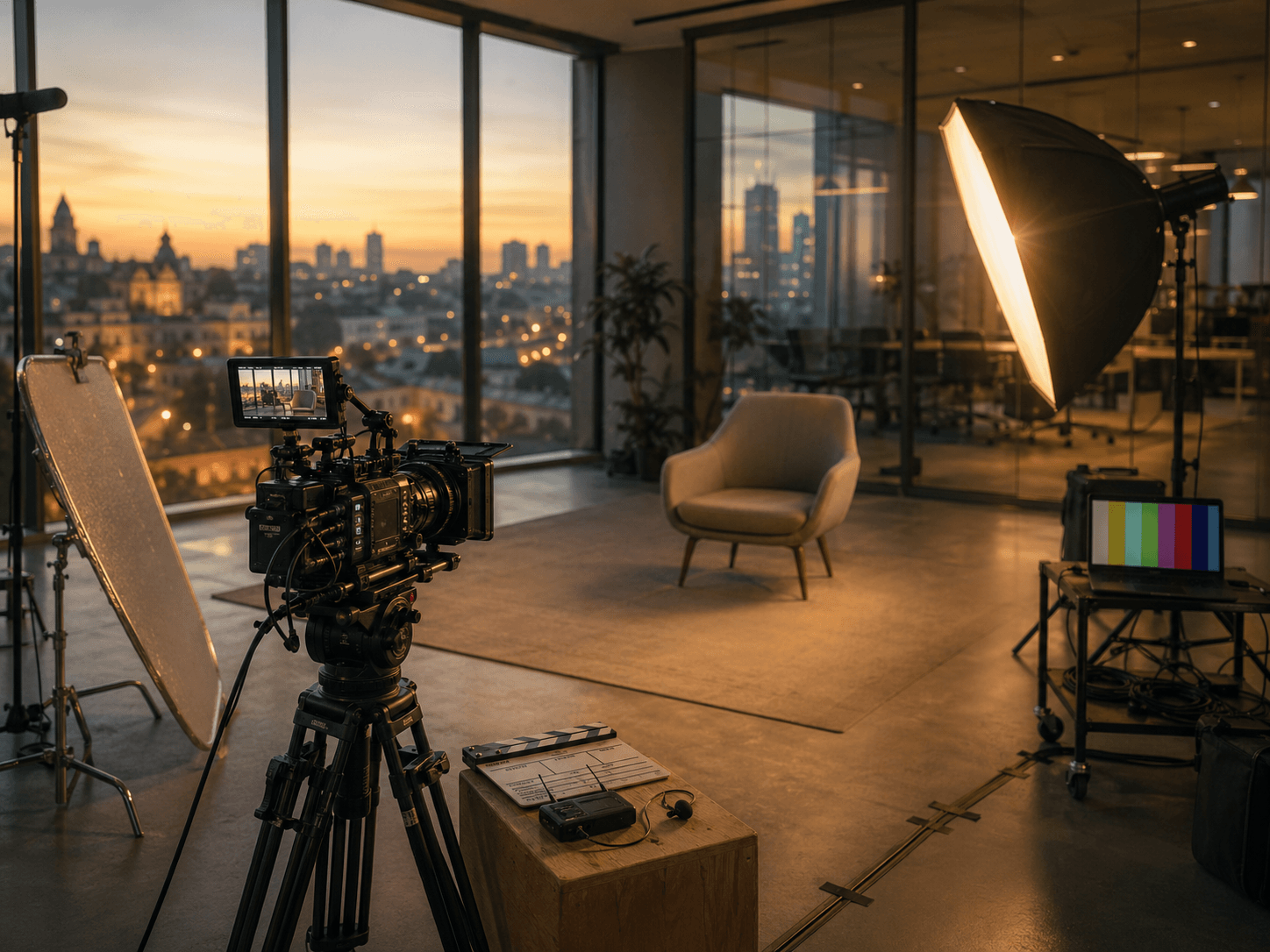 Professional cinema camera and interview setup in a Bangalore tech office at golden hour, prepared for a corporate video shoot by Balladi Studios