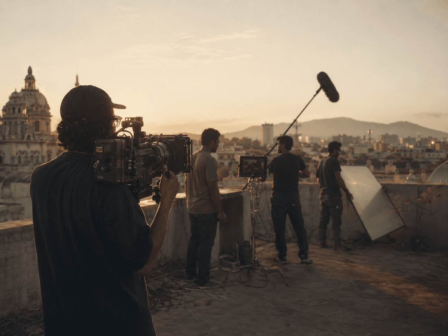alladi Studios video production crew on a Bengaluru rooftop shoot at golden hour