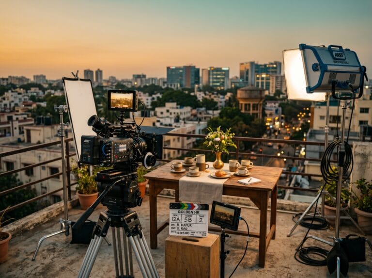Professional cinema camera and styled product vignette on a Bangalore rooftop at golden hour, set up by Balladi Studios