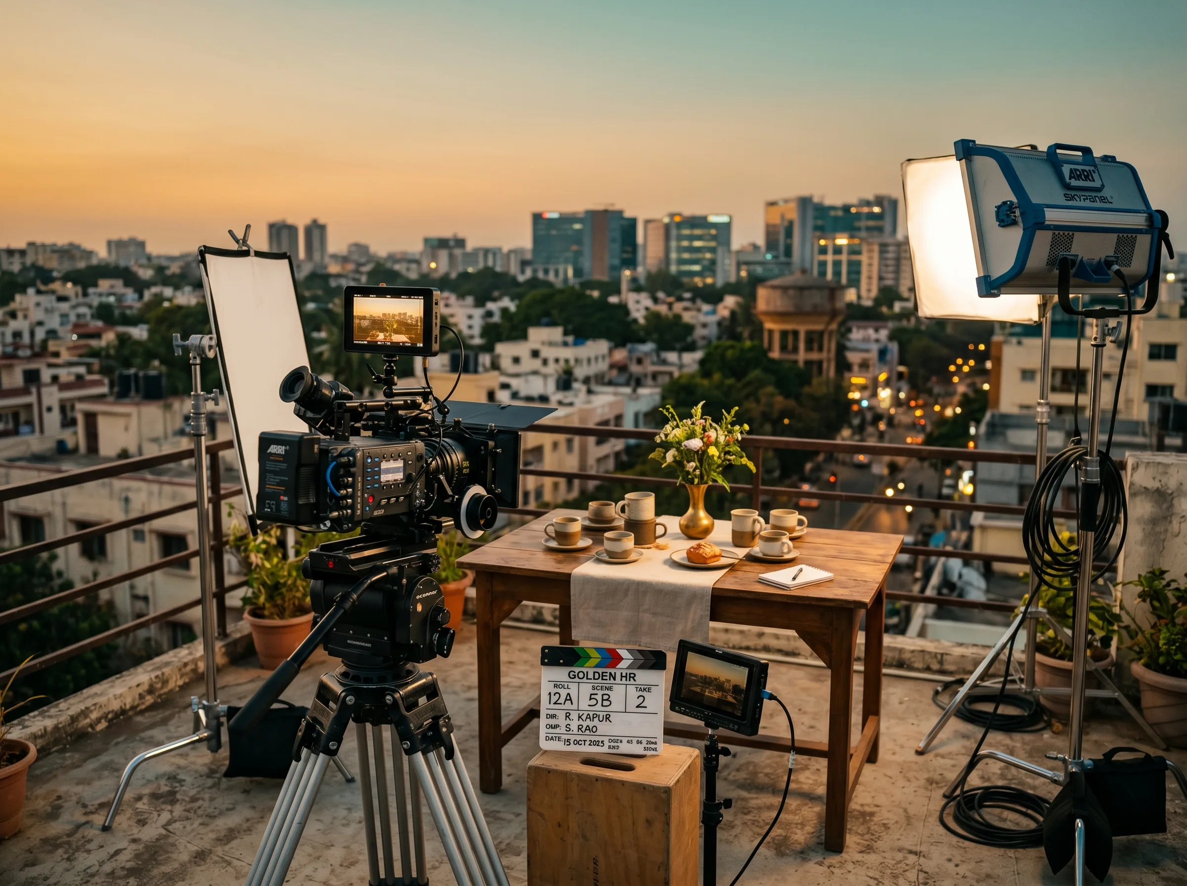 Professional cinema camera and styled product vignette on a Bangalore rooftop at golden hour, set up by Balladi Studios