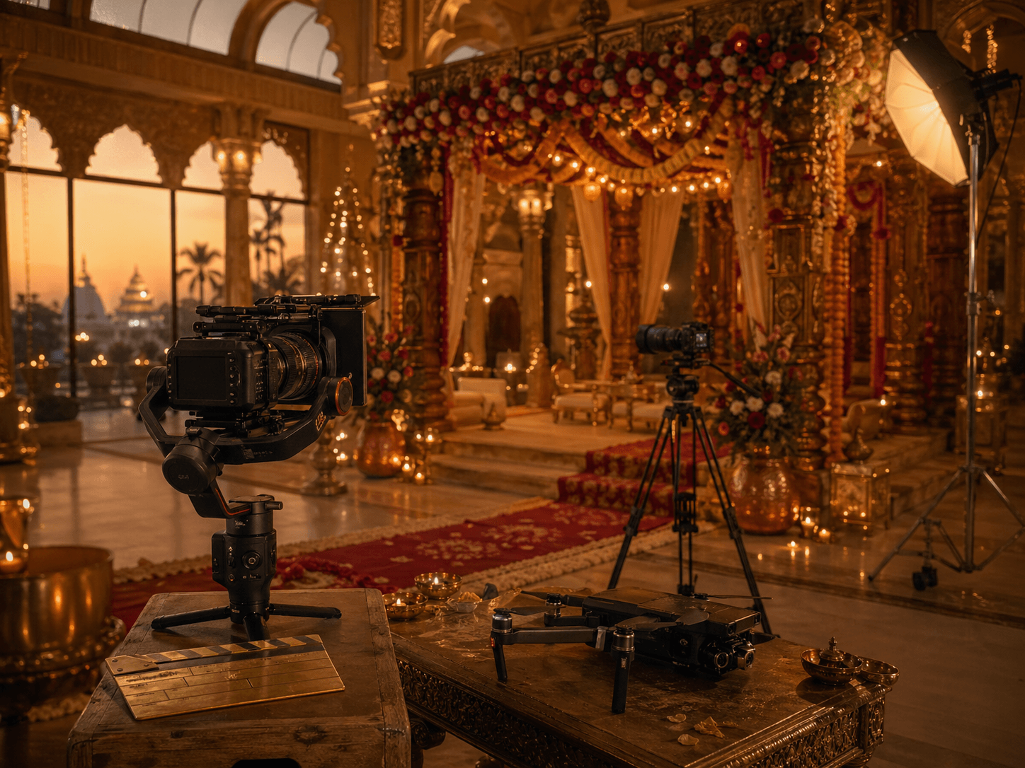 Cinematic wedding videography setup at an Indian heritage venue at golden hour, with cinema cameras and a drone preparing to film a traditional mandap ceremony, by Balladi Studios