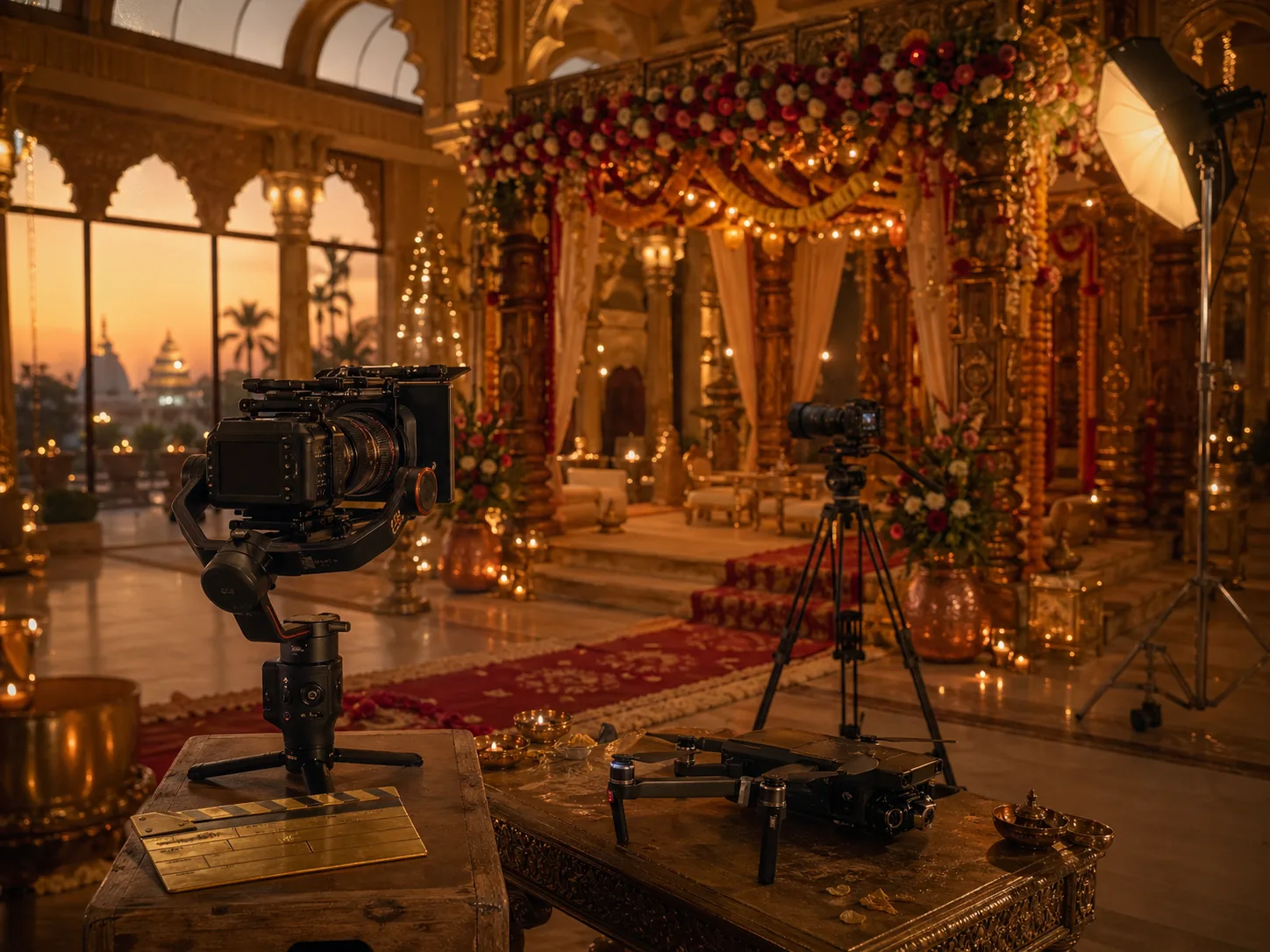 Cinematic wedding videography setup at an Indian heritage venue at golden hour, with cinema cameras and a drone preparing to film a traditional mandap ceremony, by Balladi Studios
