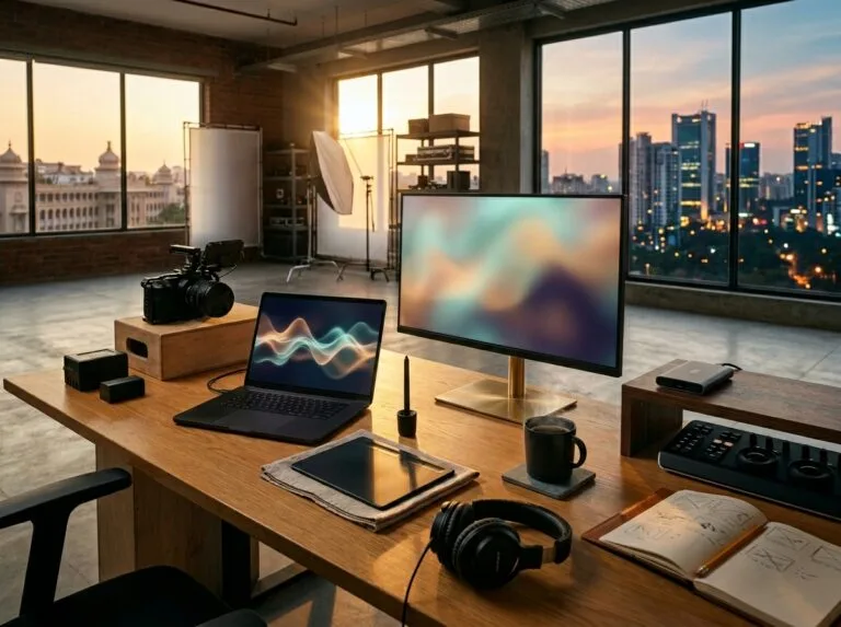 A modern hybrid post-production studio with a cinema camera, colour-calibrated monitor, and editing workstation in a Bengaluru office at golden hour, showing the AI-assisted live-action workflow used by Balladi Studios in 2026