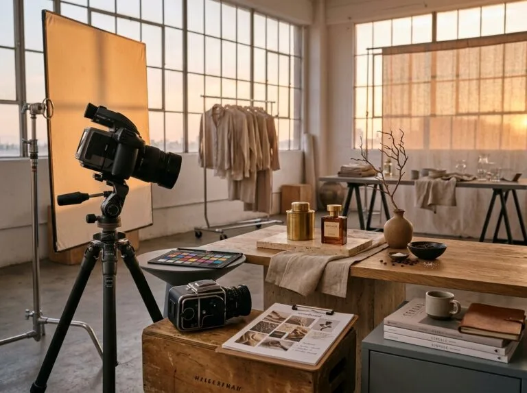 A professional brand photography setup with a medium-format camera on a tripod facing a beautifully styled premium brand vignette in a warm-lit studio at golden hour, prepared for production by Balladi Studios