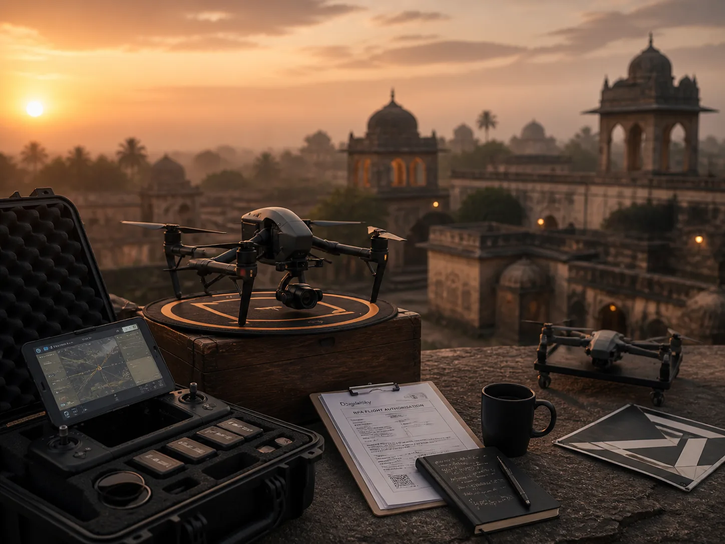 A professional cinema drone, controller tablet, and DGCA flight permission paperwork laid out on a hilltop overlooking an Indian heritage venue at golden hour, prepared for commercial drone videography by Balladi Studios
