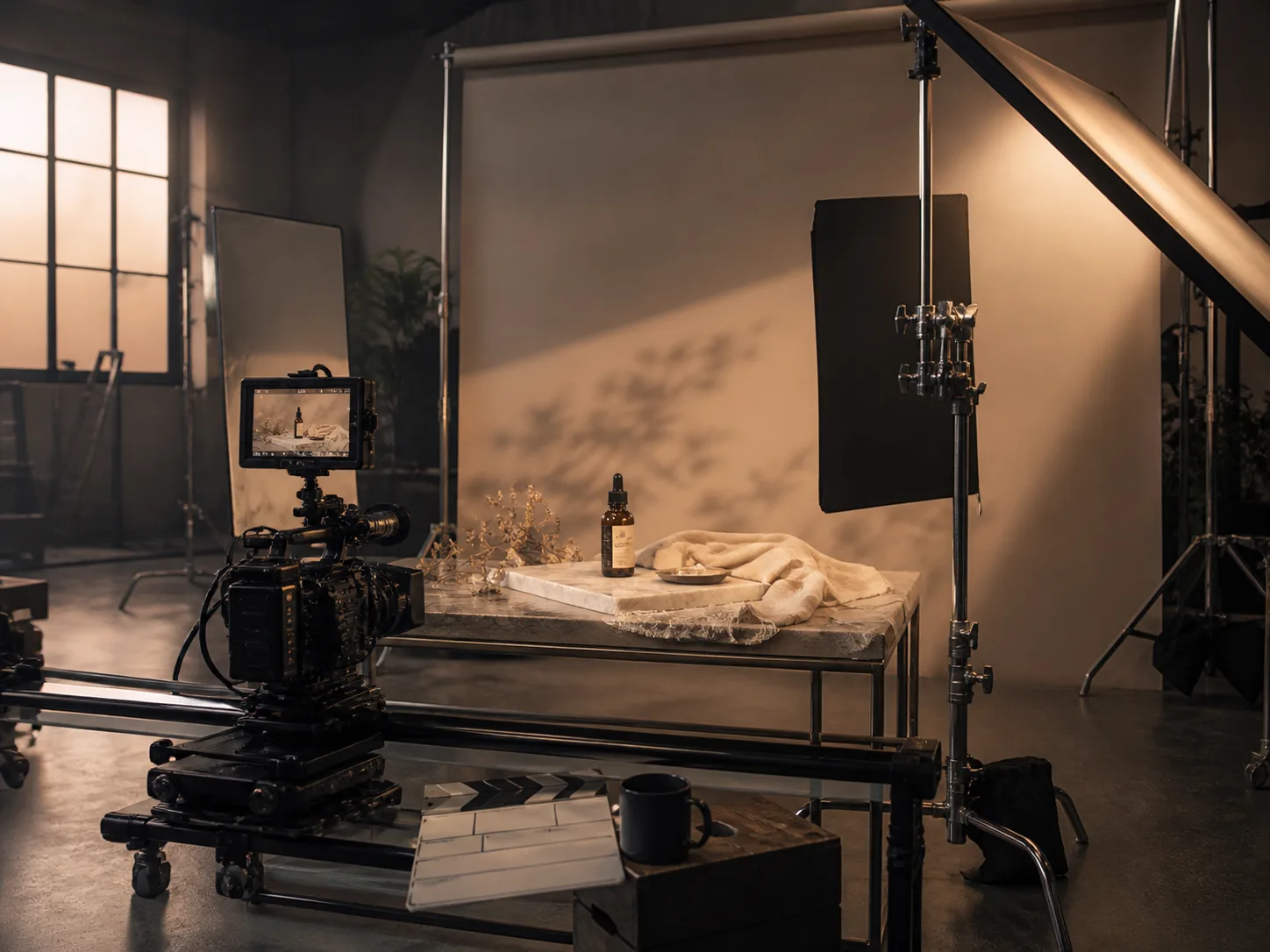 A professional product video set with a cinema camera on a motorised slider, a styled D2C product hero arrangement on a marble surface, and warm-lit studio environment, prepared for production by Balladi Studios