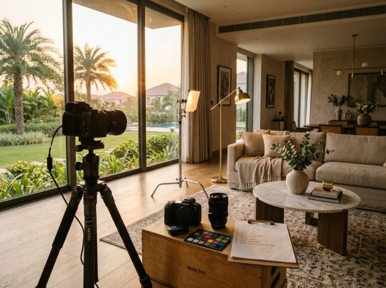A professional real estate photography setup with a tilt-shift camera on a tripod facing a beautifully styled premium villa living room at golden hour, prepared for production by Balladi Studios