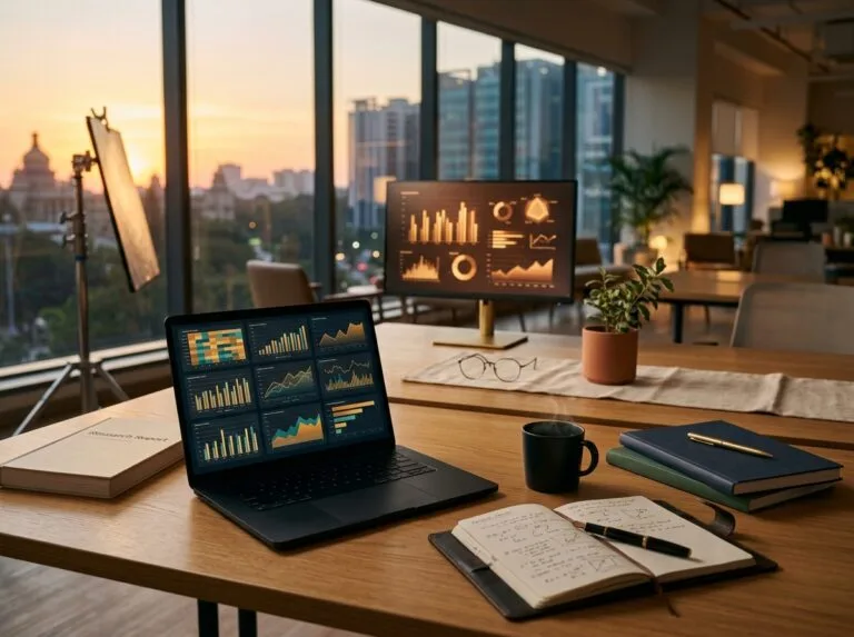 A modern data-led marketing analytics workspace with a laptop, research reports, and a coffee in a Bengaluru office at golden hour, prepared for video marketing strategy planning by Balladi Studios